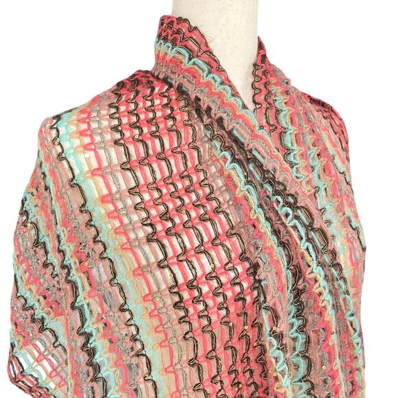 MISSONI Foulard Long Open Weave Stripe Sequin Scarf 65x25" Coral Teal Pink Brown - Picture 1 of 7
